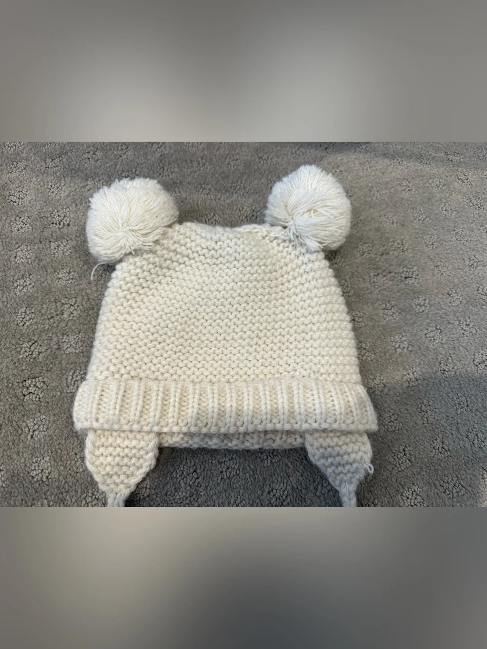 Baby Knit Winter Hat White Double Pom Pom Earflap Beanie 0-6 Months Infant